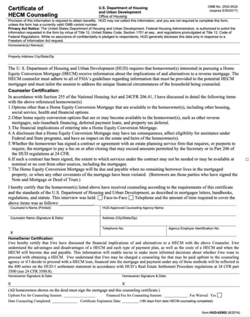  1 - Sample HECM Counseling Certificate (HUD-92902) 