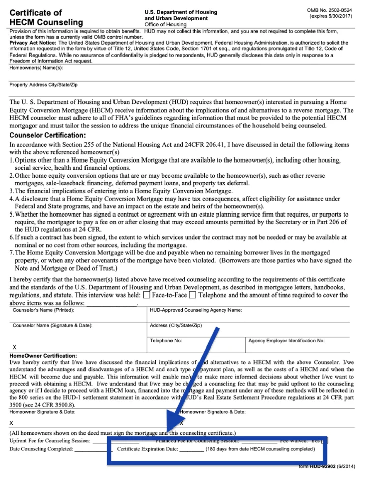 HECM counseling certificate form with an arrow pointing to the expiration date field