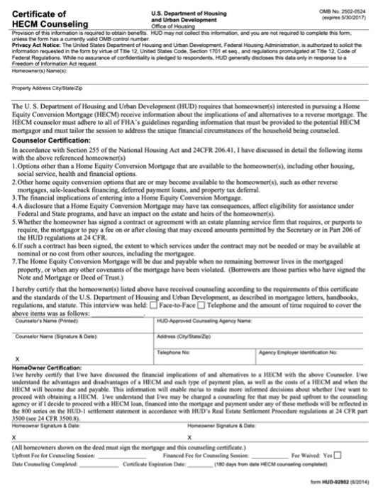 Blank sample Certificate of HECM Counseling form from HUD