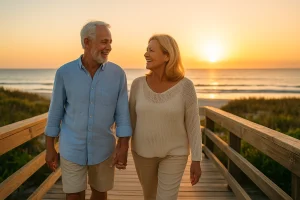 Older couple holding hands walking a wooden boardwalk toward the beach at sunset
