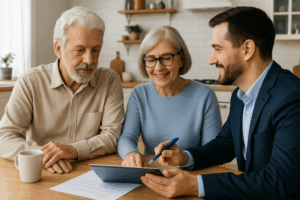 enior homeowners learning about reverse mortgages with an advisor