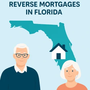 Illustrated map of Florida with a cartoon senior couple and a house icon