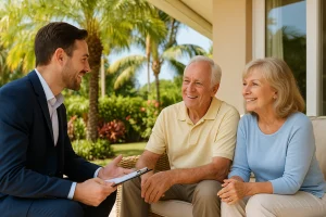 Advisor with a clipboard chatting with a senior couple on a tropical patio