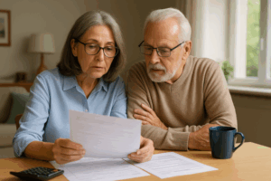 Older couple weighing the pros and cons of a reverse mortgage at home