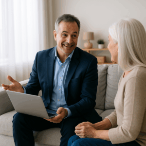 Reverse mortgage specialist explaining options to a homeowner