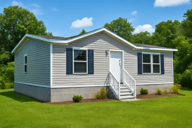 Manufactured home with gray siding, navy shutters, and a white porch staircase