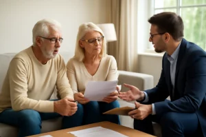 Worried senior couple handing documents to an advisor across a coffee table