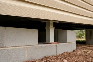 Close-up of concrete block piers supporting a manufactured home's foundation