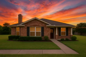 Single-story brick home under a vivid orange and purple sunset sky
