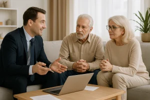 Advisor holding a laptop while chatting with a smiling senior couple on a couch