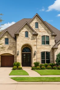Large stone-and-stucco two-story home with an arched entryway and turret roof