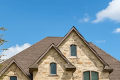 Large stone-and-stucco two-story home with an arched entryway and turret roof