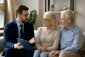 Advisor holding a clipboard while discussing options with an older couple on a couch