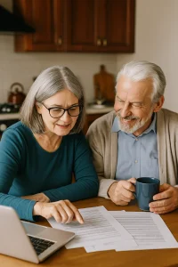 Older couple reviewing loan documents together at a kitchen table with a laptop