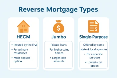 Infographic comparing HECM, jumbo, and single-purpose reverse mortgage loan types