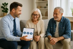 Advisor pointing to a numbered options list while explaining choices to a smiling couple