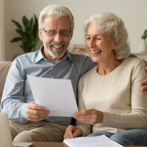 Smiling older couple reviewing paperwork together with a laptop on the coffee table