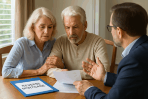 Senior couple weighing the pros and cons of a reverse mortgage at home