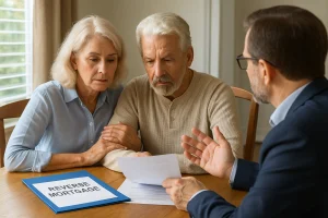 Concerned couple with a Reverse Mortgage folder listening to an advisor at a table