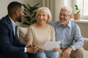 Financial advisor sharing a document with a smiling senior couple on a couch