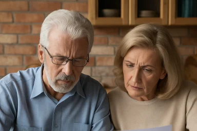 Older couple reviewing paperwork with a calculator at a kitchen table, looking concerned
