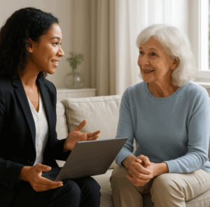Reverse mortgage advisor explaining how to use a reverse mortgage calculator