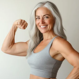 Woman with gray hair flexing her bicep and smiling in a fitness pose
