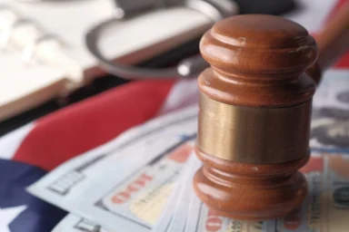 Wooden gavel resting on a stack of hundred-dollar bills and an American flag