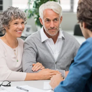 Older couple holding hands while talking with an advisor across a desk