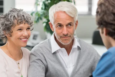 Older couple holding hands while talking with an advisor across a desk
