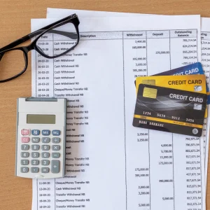Bank statement, calculator, reading glasses and credit cards laid on a desk