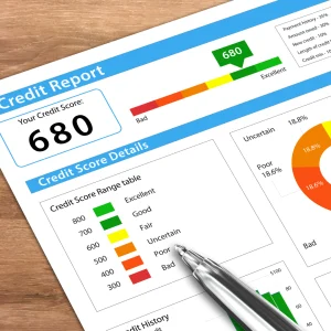 Credit report showing a score of 680 on a color-coded scale, pen resting on top