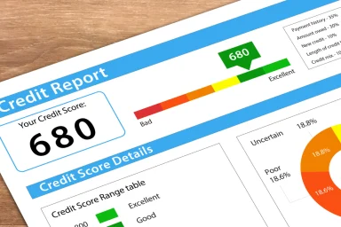 Credit report showing a score of 680 on a color-coded scale, pen resting on top