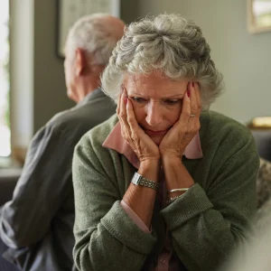 Older woman looking distressed while a man sits turned away in the background