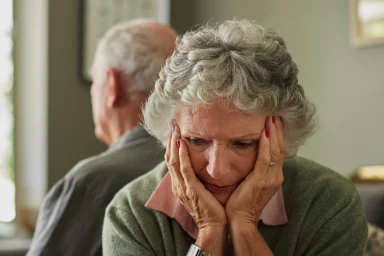 Older woman looking distressed while a man sits turned away in the background