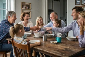 Multi-generational family laughing together around a breakfast table