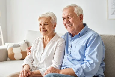 Older couple sitting on a couch, smiling and looking off to the side