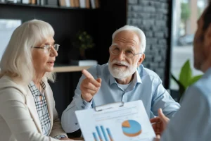 Older couple and an advisor reviewing a document with a pie chart