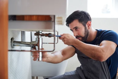 Plumber working with a wrench under a bathroom sink