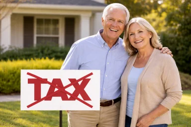 Smiling couple standing behind a yard sign with a crossed-out TAX symbol