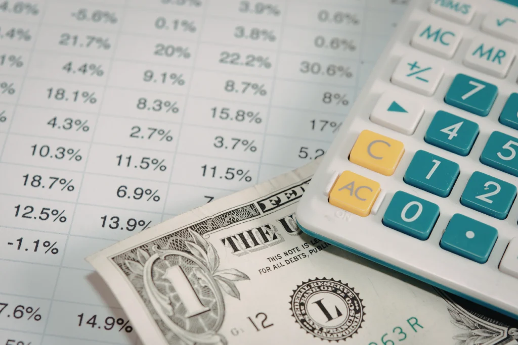 Percentage spreadsheet with a dollar bill and calculator resting on top