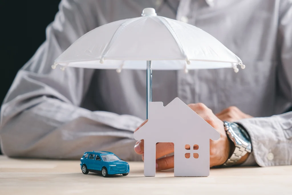 Small umbrella shielding a toy house and car held by a person