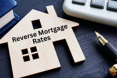 Wooden house cutout reading Reverse Mortgage Rates beside a calculator and pen