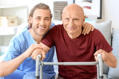 Caregiver in scrubs with his arm around an older man using a walker