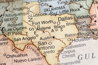 Close-up map highlighting Texas cities including Dallas, Austin, and San Antonio