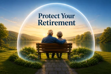 Graphic reading Protect Your Retirement over a couple watching a sunset by a lake