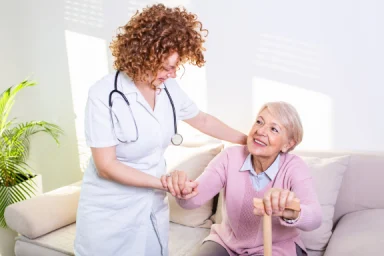 Caregiver in scrubs helping an older woman rise using a cane