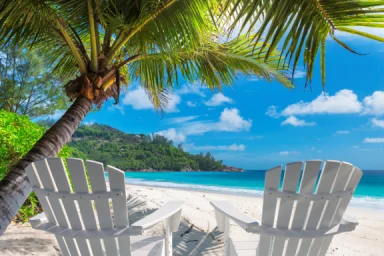 Two empty beach chairs under a palm tree facing turquoise water