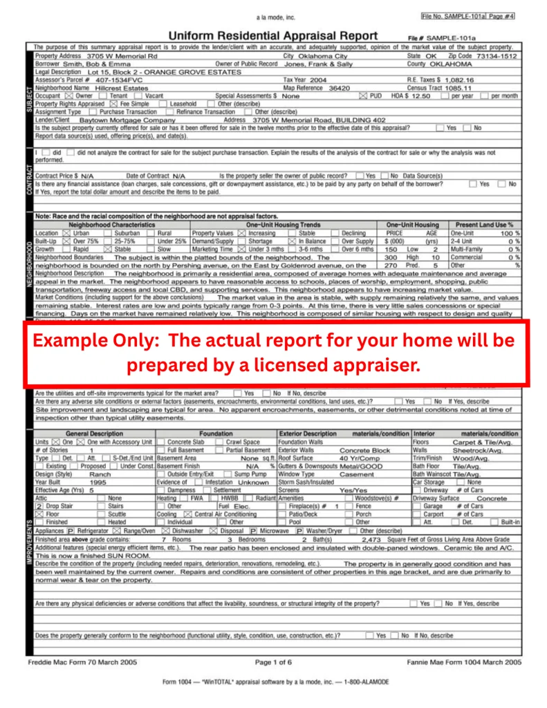 Sample Uniform Residential Appraisal Report form marked example only