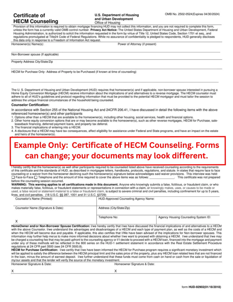 Sample HUD Certificate of HECM Counseling form marked example only